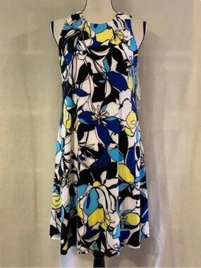 NWT Anne Klein Gwen blue white yellow floral sleeveless swing dress